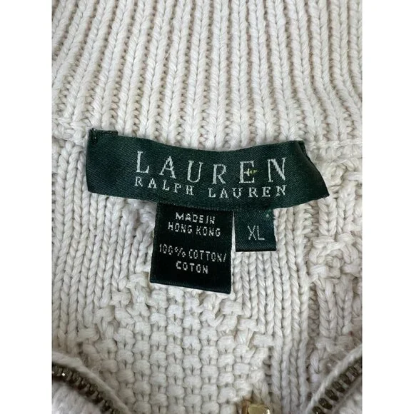 RALPH LAUREN Ivory Cable Knit Women Sweater 3/4 Zip Size XL Academia Preppy - Picture 10 of 11